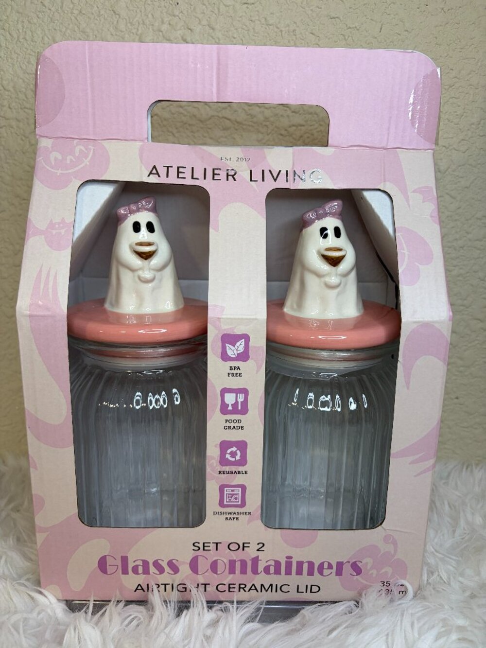 Atelier Living Halloween Ghost Glass Candy Jars Pink Ceramic Lids Set of 2 NWT